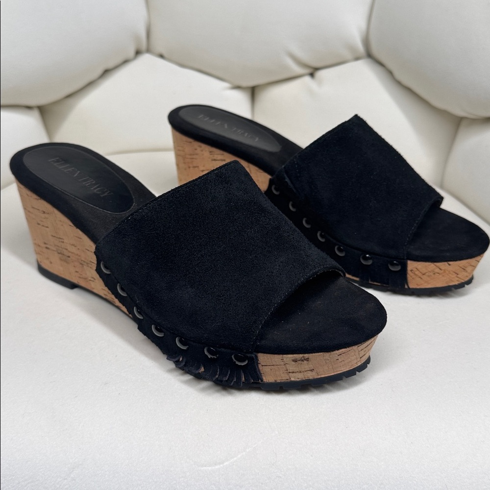ELLEN TRACY Black Suede Fringe and Stud Trim Wedge Sandals Size 7